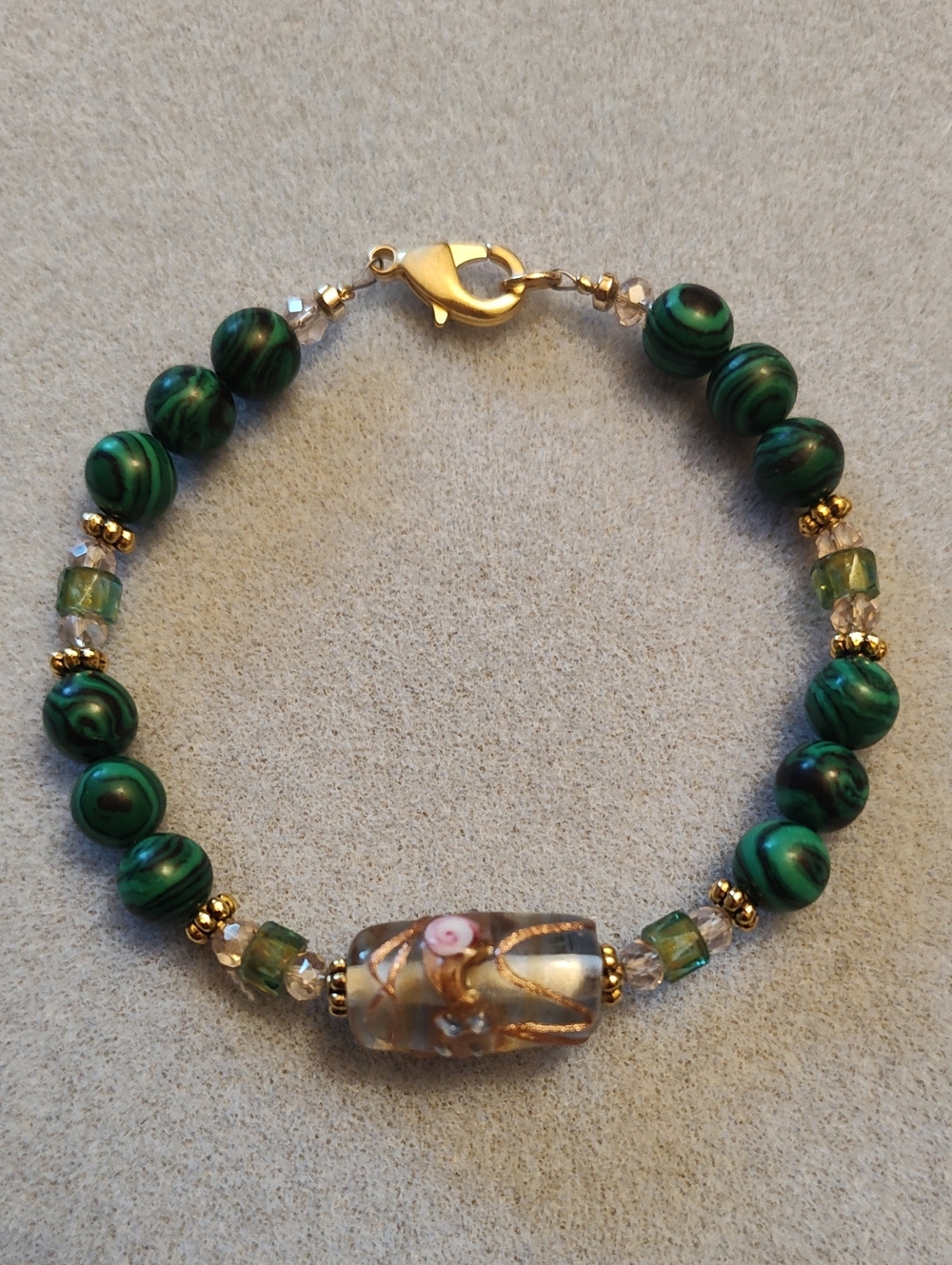 Malachite Glass Bead Bracelet with Gold Accents
